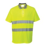 A high-visibility yellow polo shirt featuring retroreflective tape panels, suitable for a wide range of outdoor and site work applications.