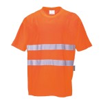 A high-visibility orange work shirt featuring retroreflective tape panels, suitable for a wide range of outdoor and site work applications.