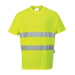 A high-visibility yellow work shirt featuring retroreflective tape panels, suitable for a wide range of outdoor and site work applications.