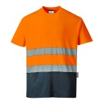 A high-visibility orange work shirt featuring retroreflective tape panels, suitable for a wide range of outdoor and site work applications.
