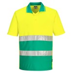 A high-visibility yellow polo shirt featuring retroreflective tape panels, suitable for a wide range of outdoor and site work applications.