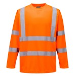 A high-visibility orange work shirt featuring retroreflective tape panels, suitable for a wide range of outdoor and site work applications.