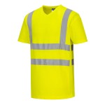 A high-visibility yellow work shirt featuring retroreflective tape panels, suitable for a wide range of outdoor and site work applications.