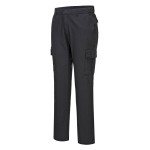 A pair of black work trousers featuring stretch panels for ease of movement, suitable for a wide range of outdoor and site work applications.