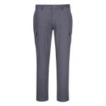 A pair of grey work trousers featuring stretch panels for ease of movement, suitable for a wide range of outdoor and site work applications.
