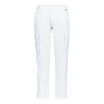 A pair of white work trousers featuring stretch panels for ease of movement, suitable for a wide range of outdoor and site work applications.