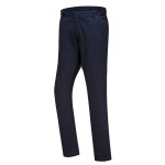 A pair of navy blue work trousers featuring stretch panels for ease of movement, suitable for a wide range of outdoor and site work applications.