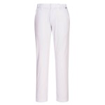 A pair of white work trousers featuring stretch panels for ease of movement, suitable for a wide range of outdoor and site work applications.