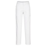 A pair of women's white work trousers featuring stretch panels for ease of movement, suitable for a wide range of outdoor and site work applications.