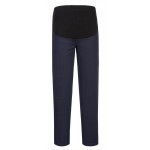 A pair of navy blue work trousers featuring stretch panels for ease of movement, suitable for a wide range of outdoor and site work applications.