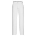 A pair of women's white work trousers featuring stretch panels for ease of movement, suitable for a wide range of outdoor and site work applications.