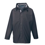 A navy blue jacket designed for use on construction sites and in industrial work environments.,