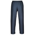 A pair of navy blue work trousers designed for use on construction sites and in industrial work environments.,