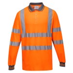A high-visibility orange polo shirt featuring retroreflective tape panels, suitable for a wide range of outdoor and site work applications.