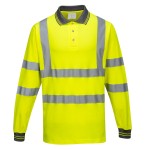 A high-visibility yellow polo shirt featuring retroreflective tape panels, suitable for a wide range of outdoor and site work applications.
