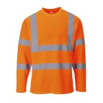 A high-visibility orange work shirt featuring retroreflective tape panels, suitable for a wide range of outdoor and site work applications.