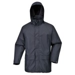A navy blue jacket designed for use on construction sites and in industrial work environments.,