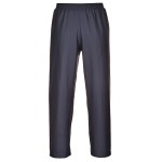 A pair of navy blue work trousers designed for use on construction sites and in industrial work environments.,