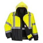 A high-visibility yellow jacket featuring retroreflective tape panels, suitable for a wide range of outdoor and site work applications.