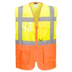 A high-visibility yellow vest featuring retroreflective tape panels, suitable for a wide range of outdoor and site work applications.