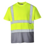 A high-visibility yellow work shirt featuring retroreflective tape panels, suitable for a wide range of outdoor and site work applications.