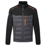A black jacket designed for use on construction sites and in industrial work environments.,