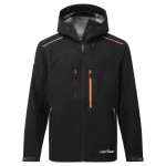 A black jacket designed for use on construction sites and in industrial work environments.,