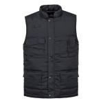 A black workwear garment designed for use on construction sites and in industrial work environments.,