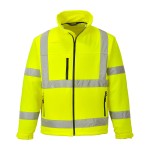 A high-visibility yellow softshell jacket featuring retroreflective tape panels, suitable for a wide range of outdoor and site work applications.