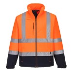 A high-visibility orange softshell jacket featuring retroreflective tape panels, suitable for a wide range of outdoor and site work applications.