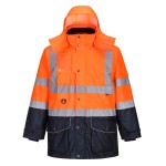 A high-visibility orange waterproof jacket featuring retroreflective tape panels, a breathable membrane, suitable for a wide range of outdoor and site work applications.