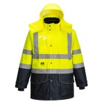 A high-visibility yellow waterproof jacket featuring retroreflective tape panels, a breathable membrane, suitable for a wide range of outdoor and site work applications.