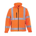 A high-visibility orange softshell jacket featuring retroreflective tape panels, suitable for a wide range of outdoor and site work applications.
