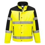 A high-visibility yellow softshell jacket featuring retroreflective tape panels, suitable for a wide range of outdoor and site work applications.