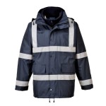 A navy blue jacket designed for use on construction sites and in industrial work environments.,