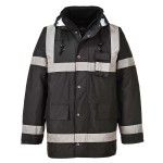A black jacket designed for use on construction sites and in industrial work environments.,