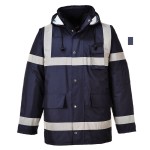 A navy blue jacket designed for use on construction sites and in industrial work environments.,
