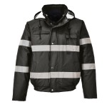 A black jacket designed for use on construction sites and in industrial work environments.,