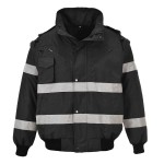 A black jacket designed for use on construction sites and in industrial work environments.,