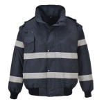 A navy blue jacket designed for use on construction sites and in industrial work environments.,