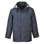 A navy blue jacket designed for use on construction sites and in industrial work environments.,