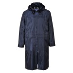 A navy blue waterproof jacket designed for use on construction sites and in industrial work environments.,