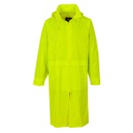 A yellow waterproof jacket designed for use on construction sites and in industrial work environments.,