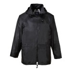 A black waterproof jacket designed for use on construction sites and in industrial work environments.,
