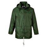 A green waterproof jacket designed for use on construction sites and in industrial work environments.,