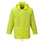 A yellow waterproof jacket designed for use on construction sites and in industrial work environments.,