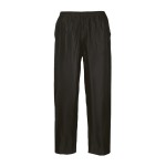 A pair of black work trousers designed for use on construction sites and in industrial work environments.,