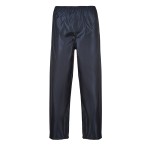 A pair of navy blue work trousers designed for use on construction sites and in industrial work environments.,