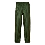 A pair of green work trousers designed for use on construction sites and in industrial work environments.,