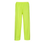 A pair of yellow work trousers designed for use on construction sites and in industrial work environments.,
